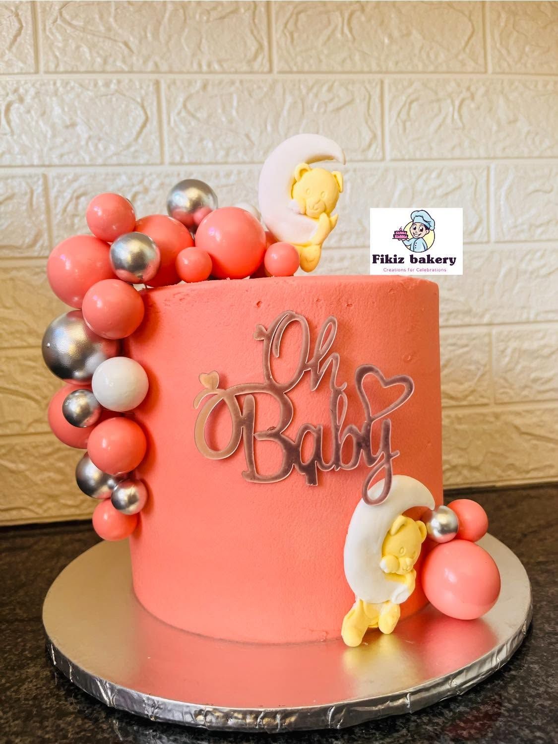 Oh Baby — Coral & Silver Bears — a custom bake by Fikiz Bakery
