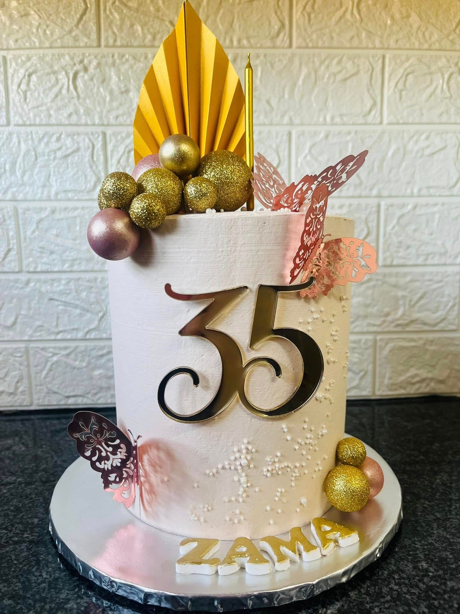 Blush 35th with Gold Palm Fan — a custom bake by Fikiz Bakery