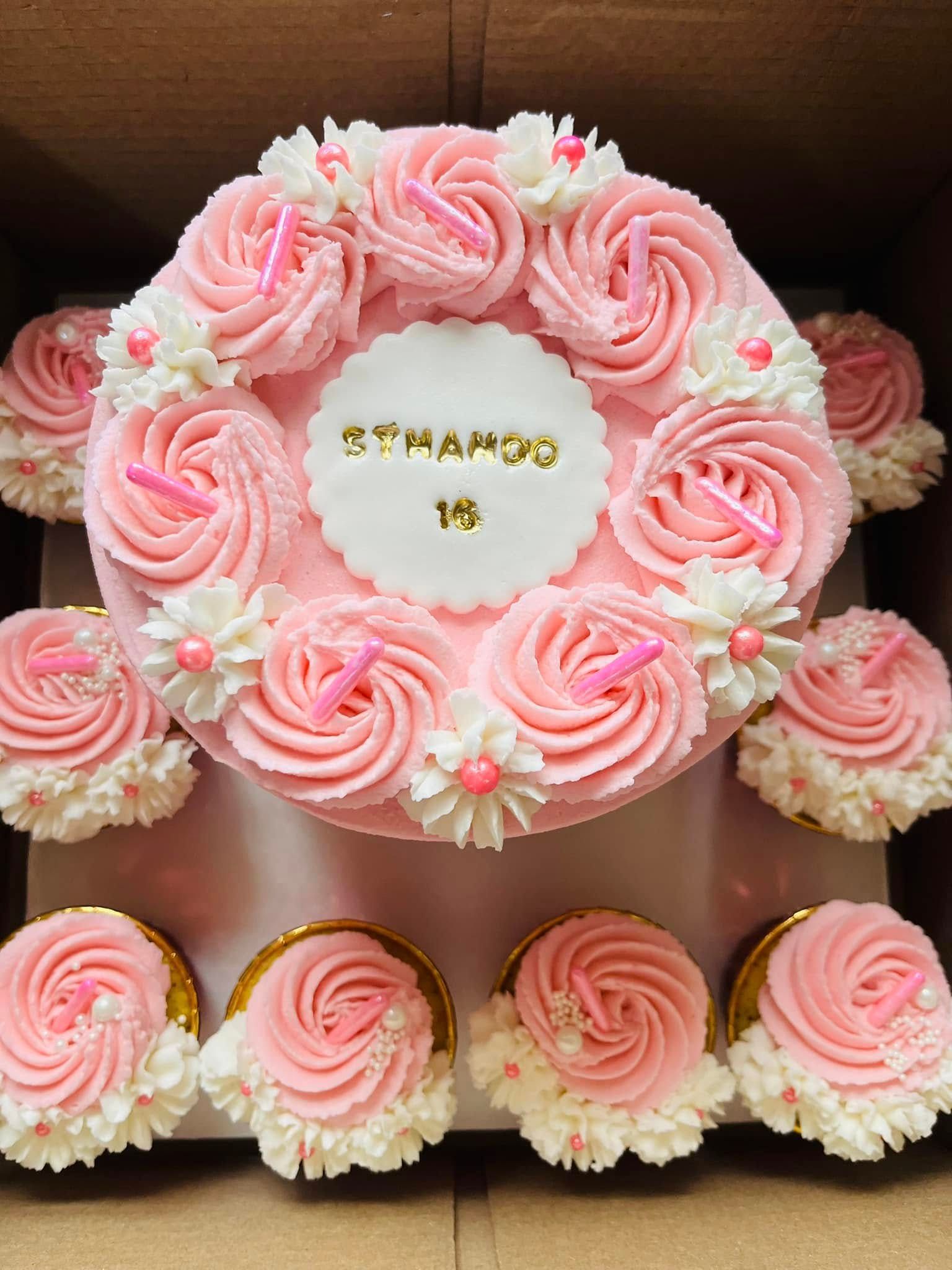 Pink Rosette Sweet 16 & Cupcakes — a custom bake by Fikiz Bakery